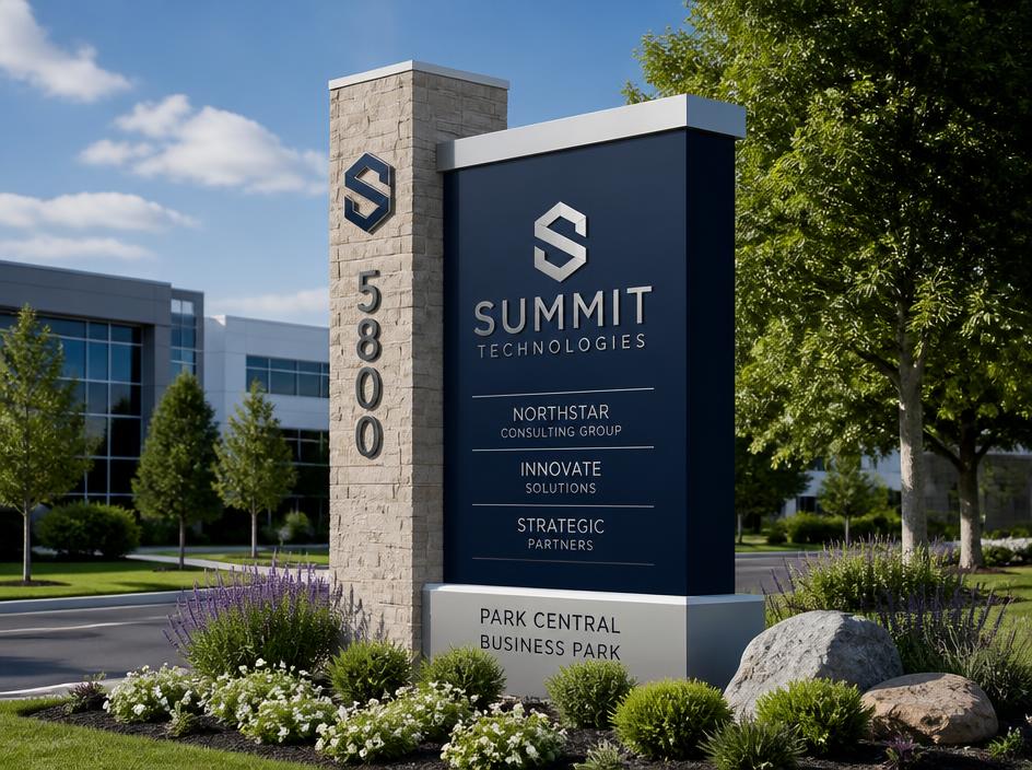 Modern corporate monument sign at business park entrance