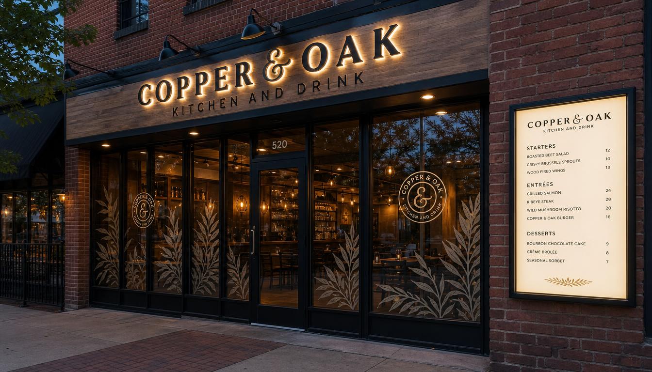 Modern restaurant storefront at dusk with illuminated channel letters, menu board, and decorative window graphics